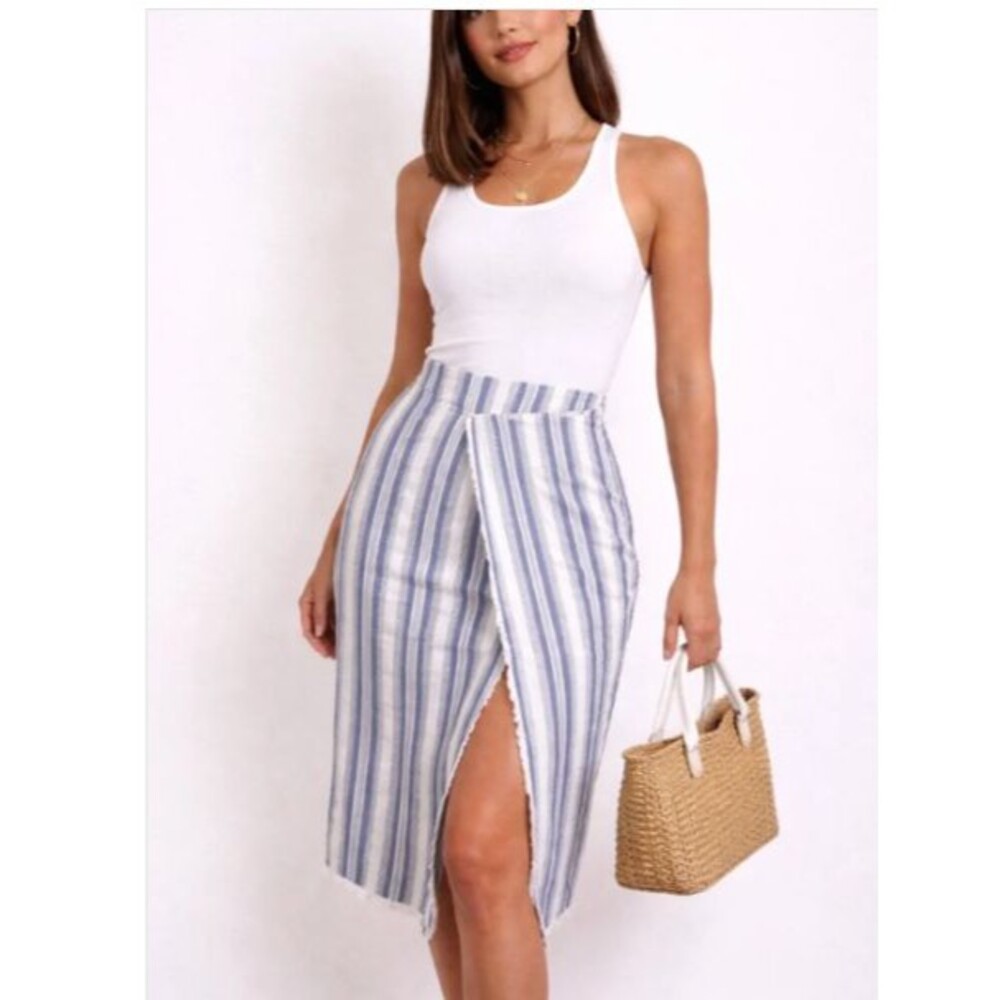 NWOT Revolve Moon River Blue White Striped Linen Blend Wrap Skirt Womens Medium